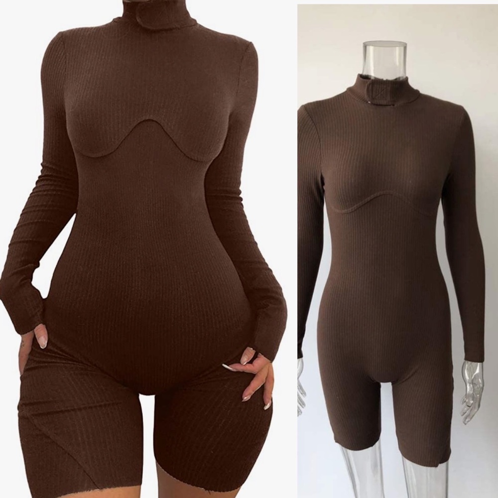 Fashion Nova/ Brown Ribbed Long sleeve Short Jumpsuit - Picture 3 of 6